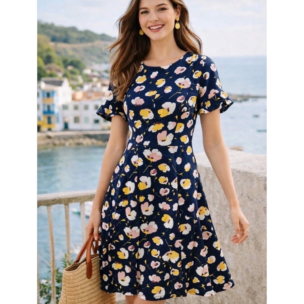 Boden Alexis Navy‎ Floral Jersey Fit  and Flare Dress Split Flutter Sleeve 6R